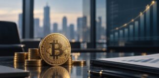 Bitcoin-Münze auf einem Konferenztisch mit Finanzunterlagen und aufsteigendem Chart im Hintergrund als Symbol für Strives wachsenden Bitcoin-Bestand.