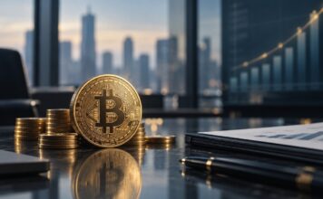 Bitcoin-Münze auf einem Konferenztisch mit Finanzunterlagen und aufsteigendem Chart im Hintergrund als Symbol für Strives wachsenden Bitcoin-Bestand.