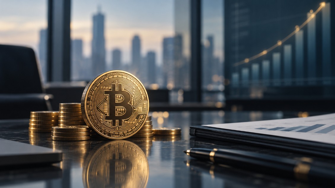Bitcoin-Münze auf einem Konferenztisch mit Finanzunterlagen und aufsteigendem Chart im Hintergrund als Symbol für Strives wachsenden Bitcoin-Bestand.