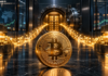 Goldener Bitcoin vor einem institutionellen Tresor mit steigendem Kurschart