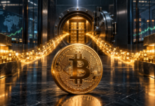 Strive kauft 1.355 Bitcoin: Bestand steigt auf 26.355 BTC Goldener Bitcoin vor einem institutionellen Tresor mit steigendem Kurschart