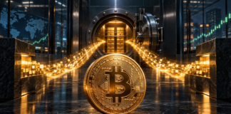 Strive kauft 1.355 Bitcoin: Bestand steigt auf 26.355 BTC Goldener Bitcoin vor einem institutionellen Tresor mit steigendem Kurschart
