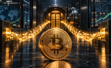 Strive kauft 1.355 Bitcoin: Bestand steigt auf 26.355 BTC Goldener Bitcoin vor einem institutionellen Tresor mit steigendem Kurschart