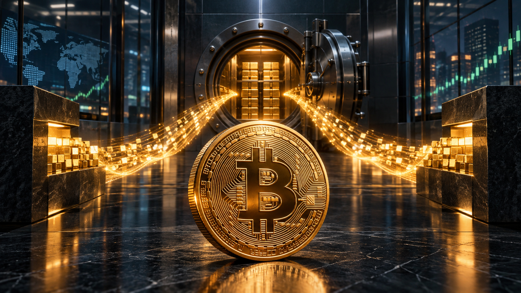 Goldener Bitcoin vor einem institutionellen Tresor mit steigendem Kurschart