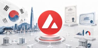 Avalanche-Logo vor Seoul-Skyline mit digitalem Finanznetzwerk für Südkoreas Onchain-Wertpapierhandel
