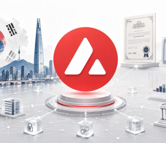 Avalanche-Logo vor Seoul-Skyline mit digitalem Finanznetzwerk für Südkoreas Onchain-Wertpapierhandel