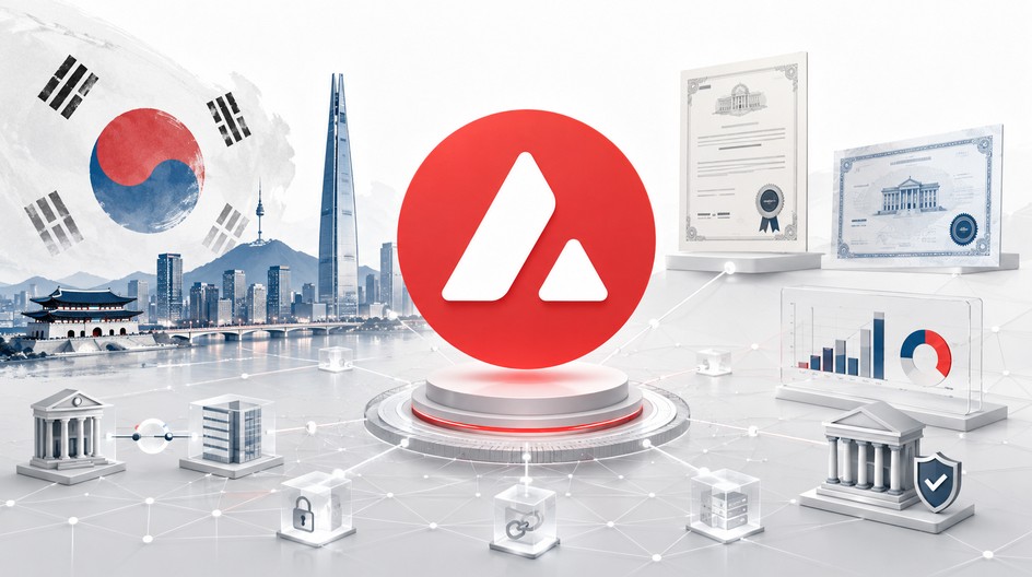 Avalanche-Logo vor Seoul-Skyline mit digitalem Finanznetzwerk für Südkoreas Onchain-Wertpapierhandel
