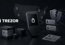 Trezor Hardware Wallet vor einer US-Karte mit Versandpaketen und Datenleck-Symbolen.