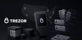 Trezor Hardware Wallet vor einer US-Karte mit Versandpaketen und Datenleck-Symbolen.