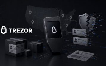 Trezor Hardware Wallet vor einer US-Karte mit Versandpaketen und Datenleck-Symbolen.