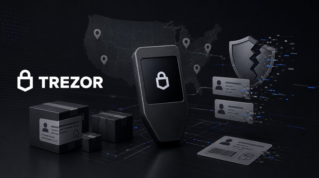 Trezor Hardware Wallet vor einer US-Karte mit Versandpaketen und Datenleck-Symbolen.