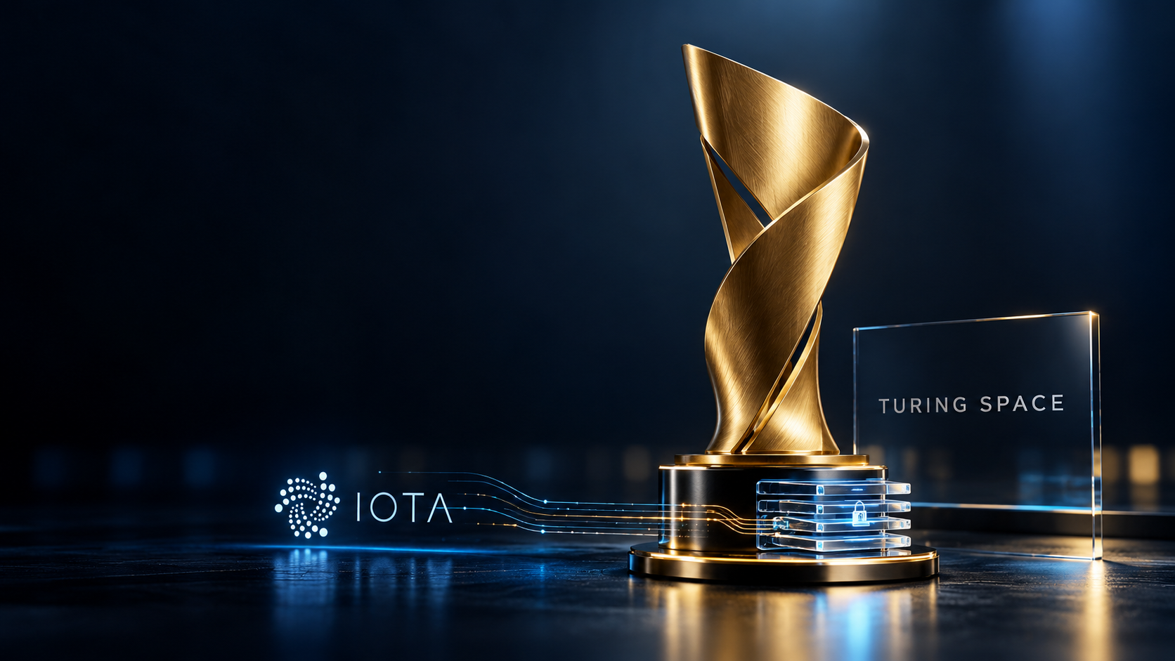 Symbolische Trophäe mit Turing-Space-Schriftzug und IOTA-Emblem vor dunkelblauem Hintergrund