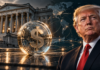 Trump-Regierung prüft Krypto-Stablecoin-Offensive im Ausland Symbolbild eines digitalen US-Dollars vor dem US-Finanzministerium und einer Weltkarte.