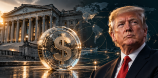 Symbolbild eines digitalen US-Dollars vor dem US-Finanzministerium und einer Weltkarte.