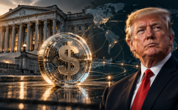 Symbolbild eines digitalen US-Dollars vor dem US-Finanzministerium und einer Weltkarte.