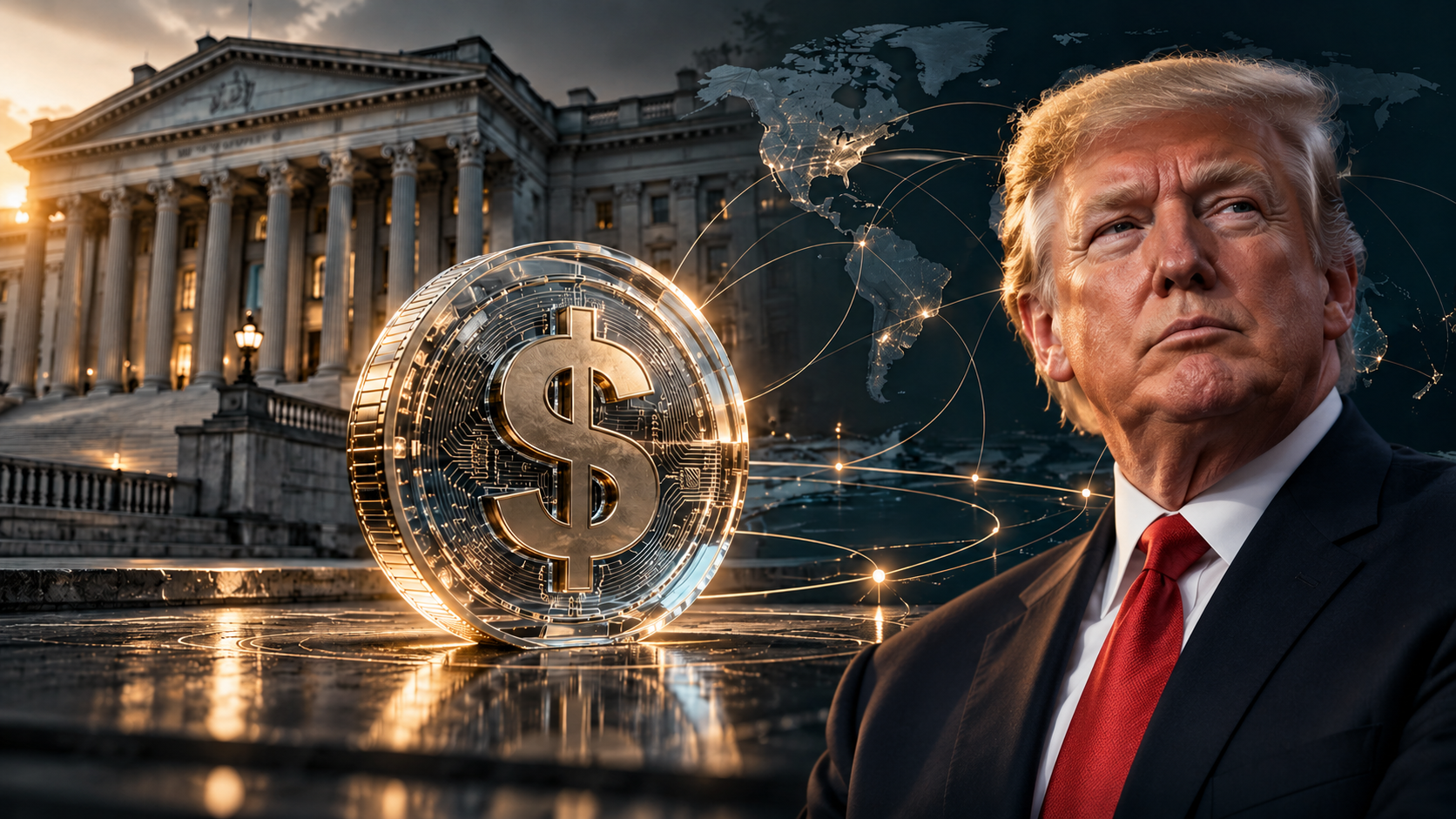 Symbolbild eines digitalen US-Dollars vor dem US-Finanzministerium und einer Weltkarte.