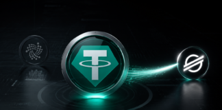 USDT0-Logo mit Verbindung zum Stellar-Netzwerk und IOTA-Logo im Hintergrund