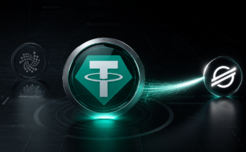 USDT0-Logo mit Verbindung zum Stellar-Netzwerk und IOTA-Logo im Hintergrund