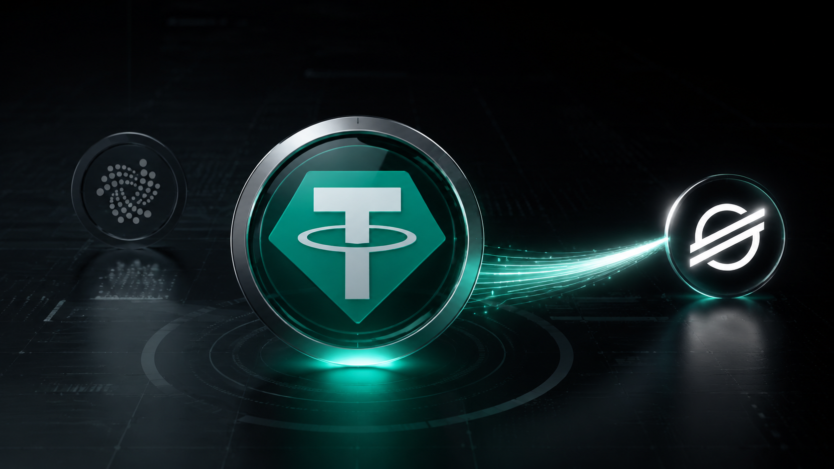 USDT0-Logo mit Verbindung zum Stellar-Netzwerk und IOTA-Logo im Hintergrund