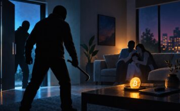 Bitcoin-Diebstahl: Familie mit Krypto-Vermögen gefoltert Nächtlicher Überfall auf eine Familie mit leuchtendem Bitcoin-Symbol im Vordergrund
