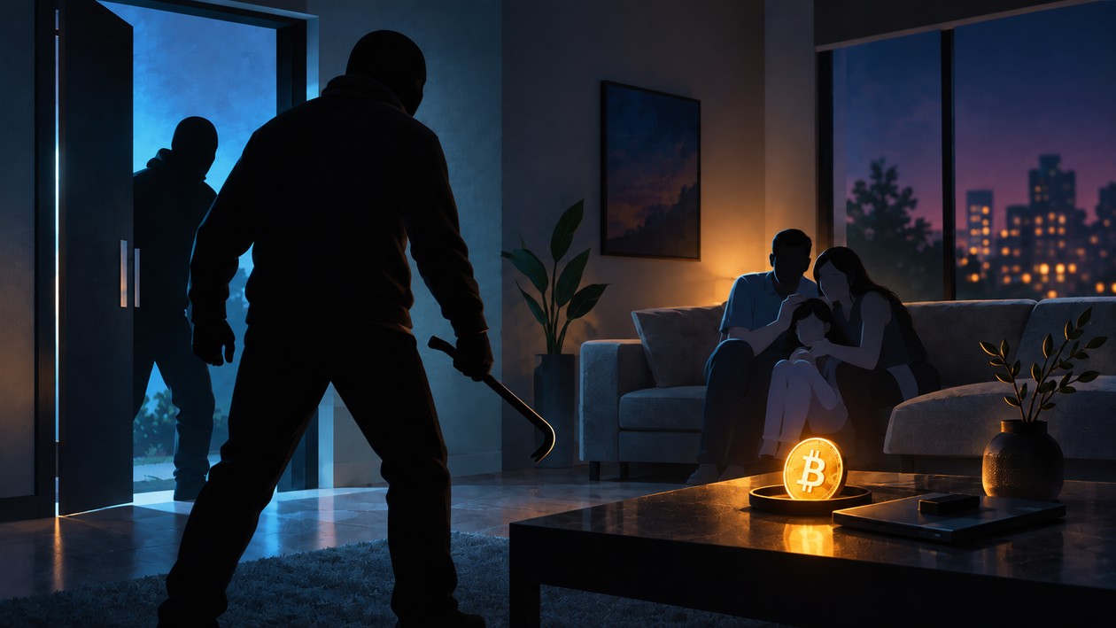 Nächtlicher Überfall auf eine Familie mit leuchtendem Bitcoin-Symbol im Vordergrund