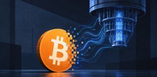 Illustration eines großen Bitcoin-Symbols in Orange, das von einem blau leuchtenden Quantencomputer digital angegriffen wird, als Sinnbild für die Bedrohung des Lightning-Netzwerks durch Quantenangriffe.