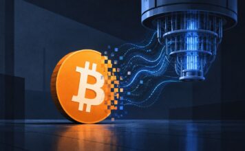 Universität entwickelt Quantenschutz für Bitcoin Lightning Netzwerk Illustration eines großen Bitcoin-Symbols in Orange, das von einem blau leuchtenden Quantencomputer digital angegriffen wird, als Sinnbild für die Bedrohung des Lightning-Netzwerks durch Quantenangriffe.