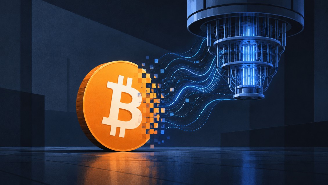 Illustration eines großen Bitcoin-Symbols in Orange, das von einem blau leuchtenden Quantencomputer digital angegriffen wird, als Sinnbild für die Bedrohung des Lightning-Netzwerks durch Quantenangriffe.
