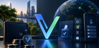 VeChain: Terrademia erweitert Wallet-Kontrolle und VeBetterDAO-Voting VeChain-Logo mit Wallet, Coins und Login-Symbolen als Illustration für Terrademias neue Wallet- und Konto-Funktionen.