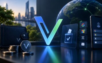 VeChain: Terrademia erweitert Wallet-Kontrolle und VeBetterDAO-Voting VeChain-Logo mit Wallet, Coins und Login-Symbolen als Illustration für Terrademias neue Wallet- und Konto-Funktionen.