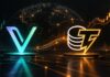 VeChain: 50 % Kursanstieg und Cointelegraph-Deal – kommt jetzt der nächste Schub? Illustration im Bloomberg-Stil mit prominentem VeChain- und Cointelegraph-Logo vor einem digitalen Globus und steigenden Kurscharts, als Symbol für die Partnerschaft und den Kursaufschwung von VET.