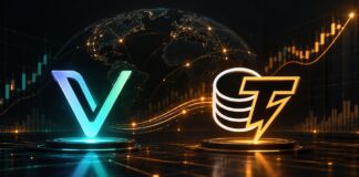 Illustration im Bloomberg-Stil mit prominentem VeChain- und Cointelegraph-Logo vor einem digitalen Globus und steigenden Kurscharts, als Symbol für die Partnerschaft und den Kursaufschwung von VET.