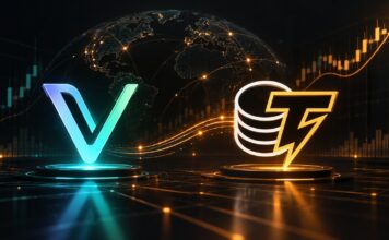 Illustration im Bloomberg-Stil mit prominentem VeChain- und Cointelegraph-Logo vor einem digitalen Globus und steigenden Kurscharts, als Symbol für die Partnerschaft und den Kursaufschwung von VET.