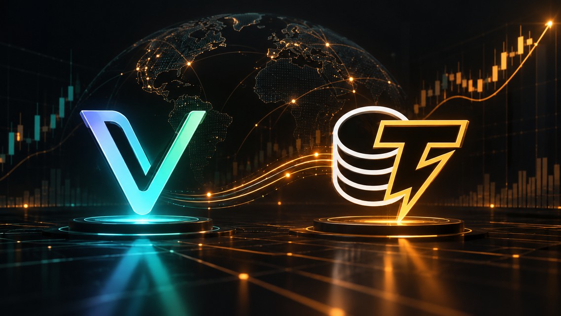 Illustration im Bloomberg-Stil mit prominentem VeChain- und Cointelegraph-Logo vor einem digitalen Globus und steigenden Kurscharts, als Symbol für die Partnerschaft und den Kursaufschwung von VET.