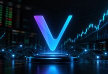 VeChain-Logo vor steigenden Kurscharts zum Interstellar-Upgrade