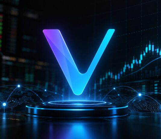 VeChain-Logo vor steigenden Kurscharts zum Interstellar-Upgrade