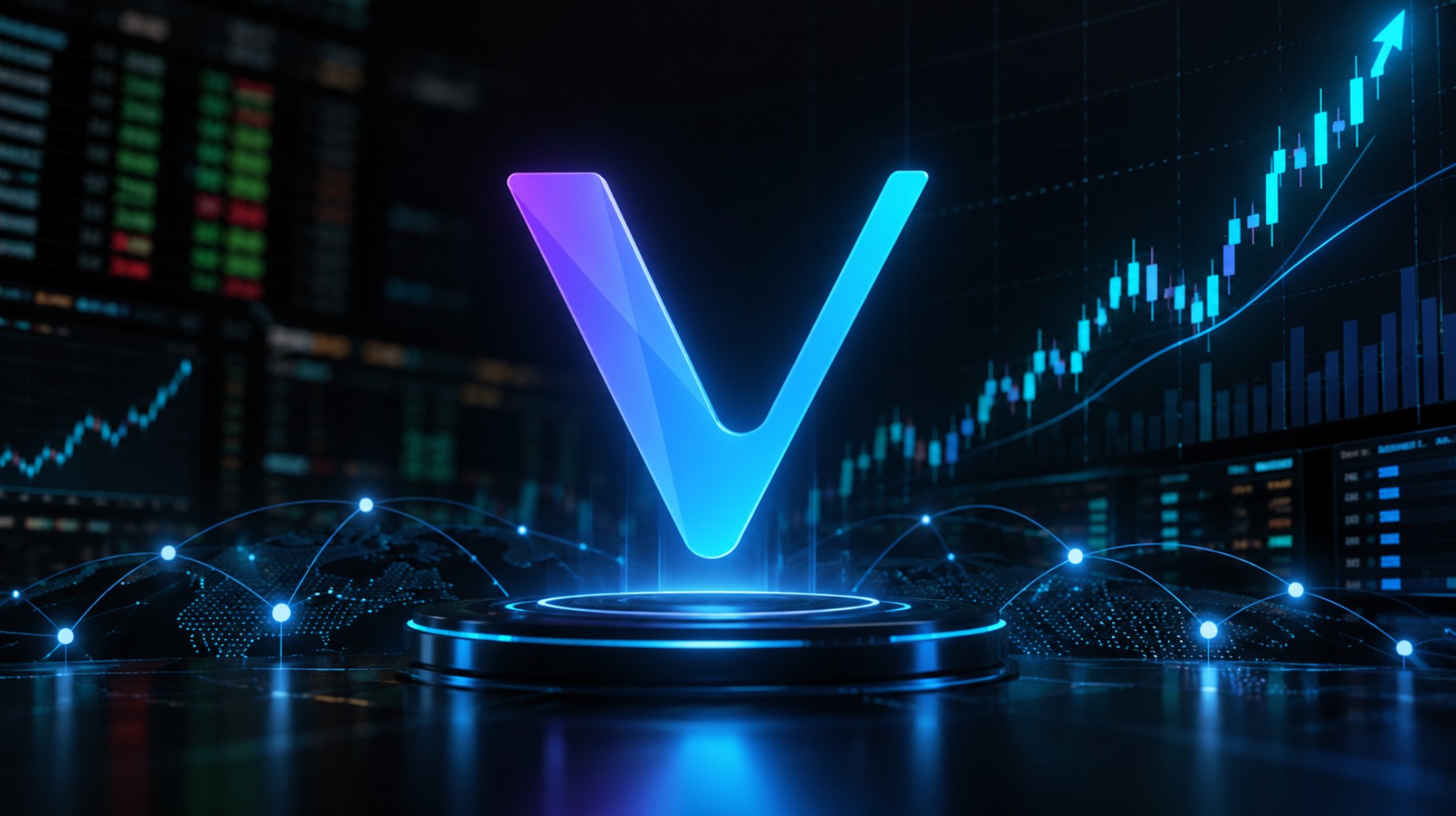 VeChain-Logo vor steigenden Kurscharts zum Interstellar-Upgrade