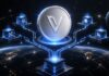 VeChain Hard Fork Interstellar erfolgreich aktiviert: 11 EIPs implementiert VeChain-Logo vor einem vernetzten Blockchain-Netzwerk zur Interstellar Hard Fork