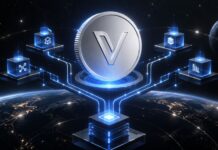 VeChain-Logo vor einem vernetzten Blockchain-Netzwerk zur Interstellar Hard Fork