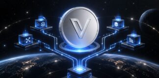 VeChain-Logo vor einem vernetzten Blockchain-Netzwerk zur Interstellar Hard Fork