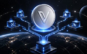 VeChain-Logo vor einem vernetzten Blockchain-Netzwerk zur Interstellar Hard Fork