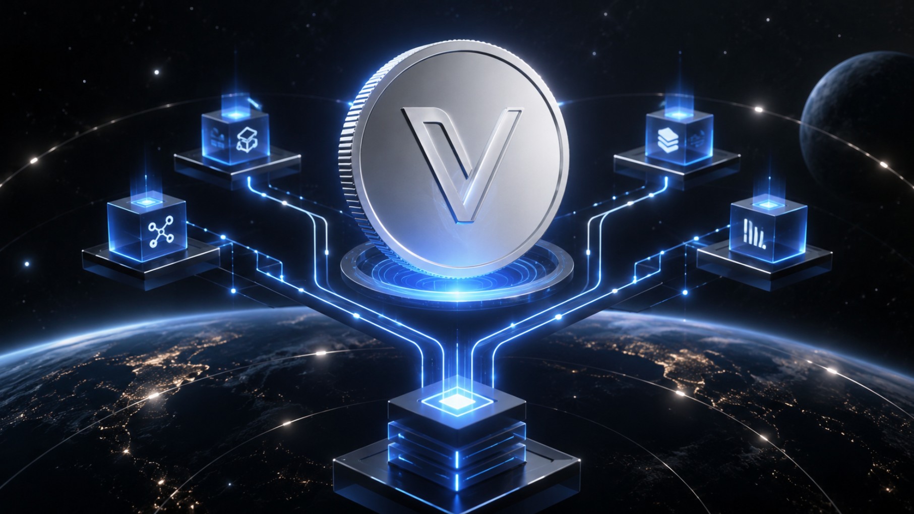 VeChain-Logo vor einem vernetzten Blockchain-Netzwerk zur Interstellar Hard Fork