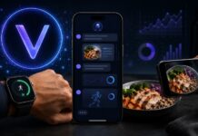 VeChain-Logo neben einem Smartphone mit KI-Fitness-Tracking, Smartwatch, gesundem Essen und digitalen Analysegrafiken in einer dunklen Hightech-Umgebung.