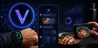 VeChain-Logo neben einem Smartphone mit KI-Fitness-Tracking, Smartwatch, gesundem Essen und digitalen Analysegrafiken in einer dunklen Hightech-Umgebung.
