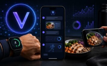 Neuer VeChain-Agent soll Fitnessbranche revolutionieren VeChain-Logo neben einem Smartphone mit KI-Fitness-Tracking, Smartwatch, gesundem Essen und digitalen Analysegrafiken in einer dunklen Hightech-Umgebung.