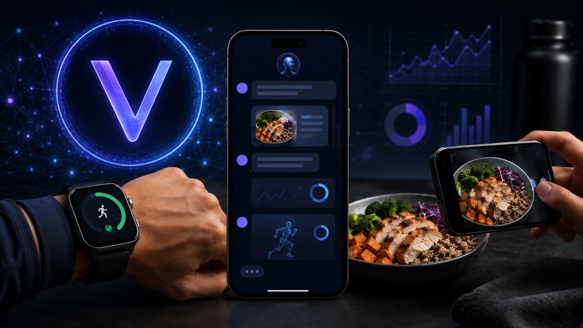 VeChain-Logo neben einem Smartphone mit KI-Fitness-Tracking, Smartwatch, gesundem Essen und digitalen Analysegrafiken in einer dunklen Hightech-Umgebung.