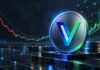 Analyst sieht bei VeChain bis zu 1.660 % Aufwärtspotenzial VeChain-Logo als große Münze vor einem Kurschart mit Bodenbildung und anschließendem Aufwärtstrend im Bloomberg-Stil.
