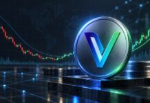 VeChain-Logo als große Münze vor einem Kurschart mit Bodenbildung und anschließendem Aufwärtstrend im Bloomberg-Stil.