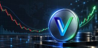 Analyst sieht bei VeChain bis zu 1.660 % Aufwärtspotenzial VeChain-Logo als große Münze vor einem Kurschart mit Bodenbildung und anschließendem Aufwärtstrend im Bloomberg-Stil.