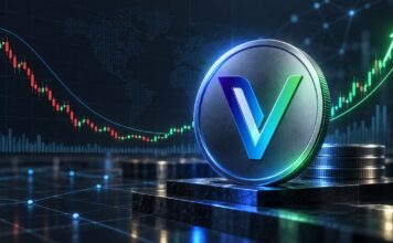 Analyst sieht bei VeChain bis zu 1.660 % Aufwärtspotenzial VeChain-Logo als große Münze vor einem Kurschart mit Bodenbildung und anschließendem Aufwärtstrend im Bloomberg-Stil.